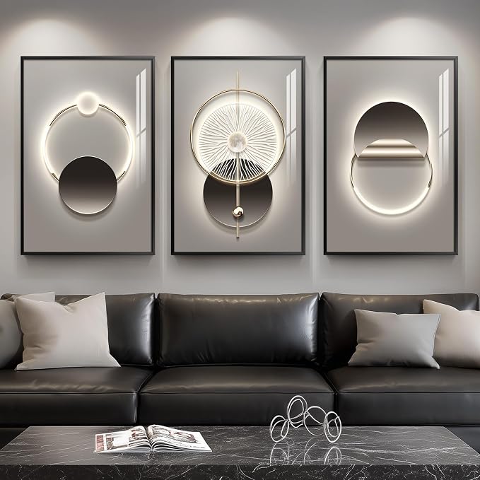 Framed Modern Black and Grey Abstract Wall Art for Living Room, Large 3 Piece Bright Silvery Pictures Artwork Decor, Minimalist Geometric Luxury Painting Prints for Hallway Home Office 24x36 In