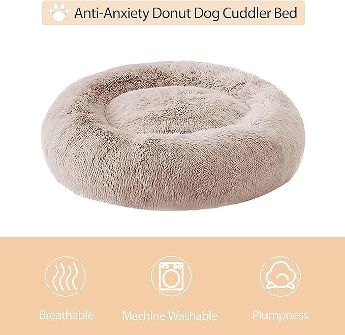 WNPETHOME Large Round Calming Dog Bed Cat Bed for Comfy Sleep | Large Cute Washable Puppy & Cat Bed with Fluffy Plush, Faux Fur Anti Anxiety Pet Bed Donut Cuddler (36x36x10 Inch, Brown)