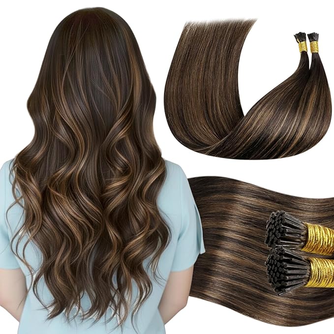 LaaVoo I Tips Hair Extensions Real Human Hair Dark Brown Balayage Brown Itip Human Hair Extensions 22 Inch 1g/1s 50s/pack