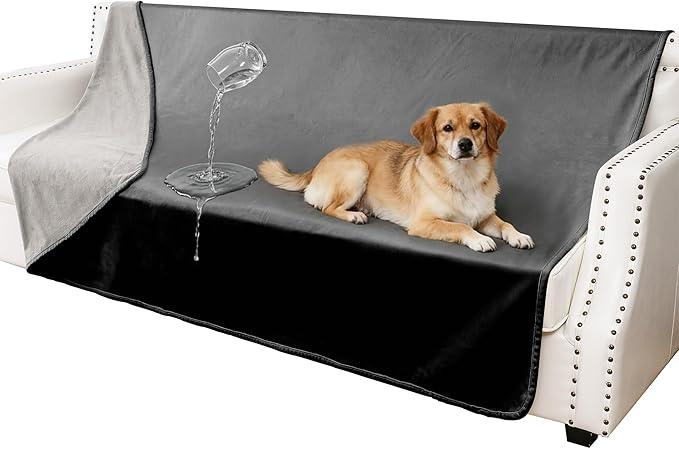 Waterproof Blanket - Reversible Dog Throw as Furniture Protector | Soft Velvet & Flannel, TPU Leak-Proof Liner, Machine Washable, Fits Couch and Bed, 52" x 82", Black/Lightgrey