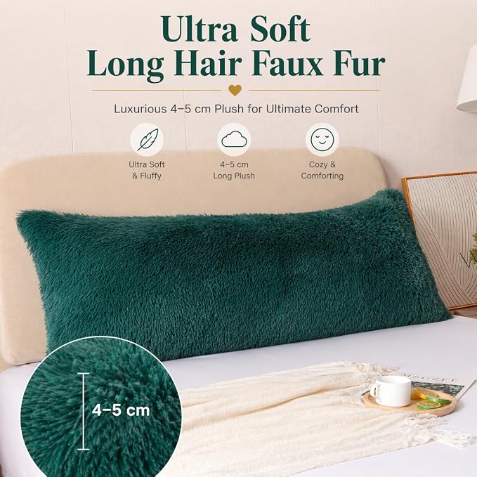 REAFORT PV Faux Fur Body Pillow Cover 21"x54", Hidden Zipper (Evergreen) | Ultra-soft long hair faux fur with a hidden zipper offers luxurious comfort and is machine washable for easy care.