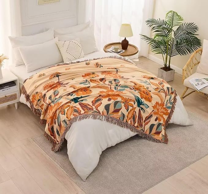 Boho Throw Blanket for Bed 100% Cotton Bohemian Blankets Ultra Soft Woven Muslin Decorative Blankets All Seasons Vintage Quilt Knitted Blanket for Sofa Chair(Orange, 90"x98")