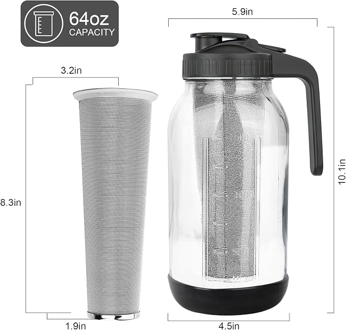 Cold Brew Coffee Maker, 64oz Mason Jar Pitcher with Stainless Steel Filter, Sealed, Leak-Proof Lid with Pour Spout & Handle, Heavy Duty Glass Iced Coffee Tea Brewer with Non-Slip Silicone Base-Black