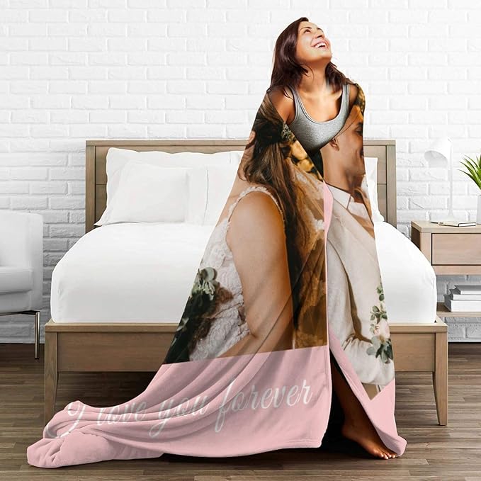 Custom Blanket with Picture Text, Personalized 1 Photo Blanket, HD Printing Customized Flannel Throw Blanket Gifts for Mom Dad Couple Girlfriend Boyfriend Wife Husband Christmas Wedding Gift