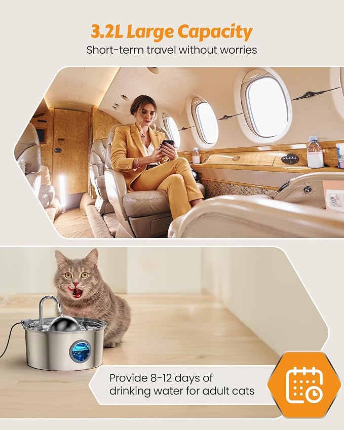 AONBOY Cat Water Fountain Stainless Steel, 108oz/3.2L Cat Fountain, Pet Water Fountain with Water Level Window, Hemispherical Shape, Multi-Filter, Silent Pump, Water Tap, Provides Flowing Water