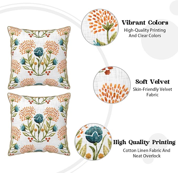KSLIDS Floral Leaf Soft Velvet Throw Pillow Covers Set of 2 Orange Flowers Sage Green Leaves Decorative Pillow Covers 18x18 Inch Farmhouse Pillow Case for Sofa Couch Living Room Home Decor