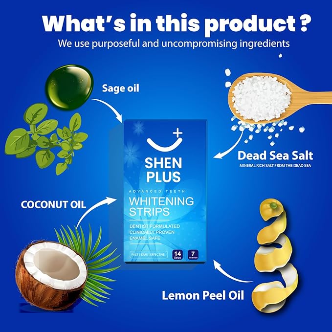 Shen Plus Teeth Whitening Strips – Enamel-Safe, Non-Slip Dry – 7 Treatments – Helps Remove Deep Stain with Coconut, Sage Oil, Dead Sea Salt & Lemon Peel Oil – 14 Strips
