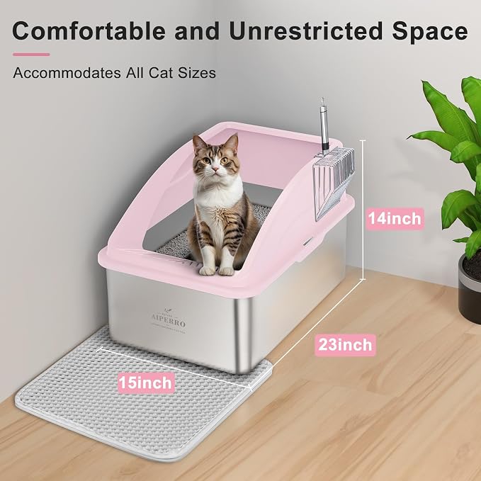 AIPERRO Stainless Steel Litter Box | XXL Deepened 8" Design Metal Cat Box | High Sided with Lid for Big Cats | Anti-Urine Leakage | Non-Stick Bottom & Easy to Clean | Includes Litter Mat & Metal Scoop