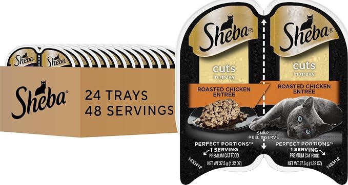 Sheba Perfect Portions Cuts Wet Cat Food, Roasted Chicken, 2.6 oz, 24 ct | Grain-free, Roasted Chicken, 48 servings, no fillers or artificial flavors, essential vitamins & minerals, twin-pack trays