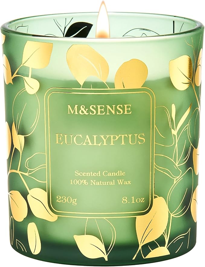 M&SENSE Eucalyptus Soy Candle, 8.1oz Gilded Glass, Spa Calming Aromatherapy | 42H Slow Burn, Fresh Bathtub Home Fragrance, Non-Toxic, Warmer Lamp Safe, Reusable Spa Jar, Sensitive-Nose Friendly