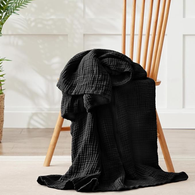100% Cotton Muslin Blanket Twin 66" x 90", 6 Layers Breathable and Lightweight Cotton Blankets for Couch, Soft Cooling Summer Gauze Blanket for Adults All Season, Black
