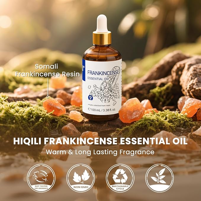 HIQILI Frankincense Essential Oil for Skin Care, Muscle & Knee Massage | Diffuser for Aromatherapy, Mix with Face Cream to Boosts Face Texture, Creating a Peaceful Atmosphere - 100mL / 3.38 fl oz