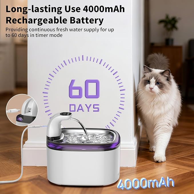Cat Water Fountain Cordless 118oz/3.5L Wireless & Battery Operated Pet Water Fountain for Indoor Cats, Stainless Steel Tray with Sensor & Timer Modes, Ultra-Quiet, BPA-Free (Cat Fountain+2Filters)