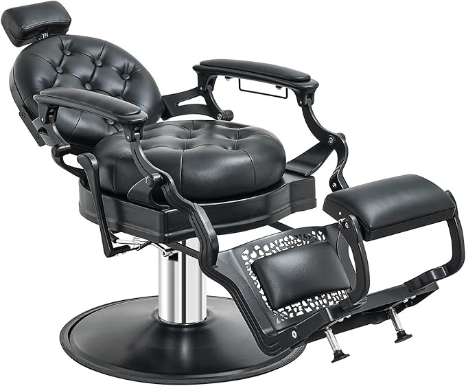 Kaleurrier Hair Salon Chair for Stylist: Professional Height Adjustable Black Barber Chairs for Barbershop for Home - Vintage Heavy Duty 700lbs Hydraulic Recliner