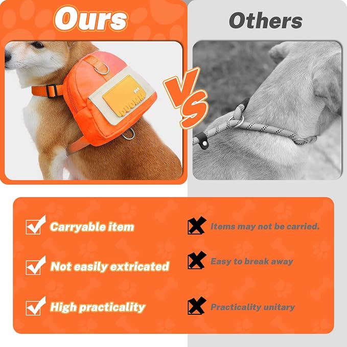 Orange Dog Harness Backpack with Leash & Poop Bag Dispenser, Modern Style, Medium Dog, 17-33 Lb, 5.9" x 5.9" x 2.3"