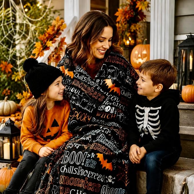 Halloween Fleece Throw Blanket, Cute Bats Ghosts Spiderwebs Print 50x70 in | Thoughtful gift idea: Great present for Halloween lovers, college students, housewarming parties, or seasonal decorators