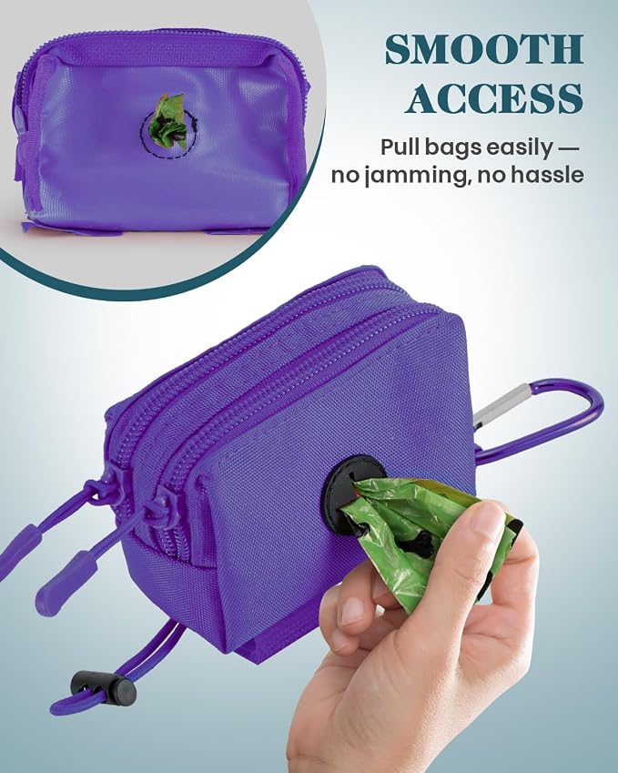 Dog Poop Bag Holder for Leashes, Purple Doggie Waste Bag Dispenser and Treat Holder, with Carabiner Hook and Poop Bag Clip, Used Waterproof Wear-Resistant Fabric and 2 Zippered Pouches for Walking