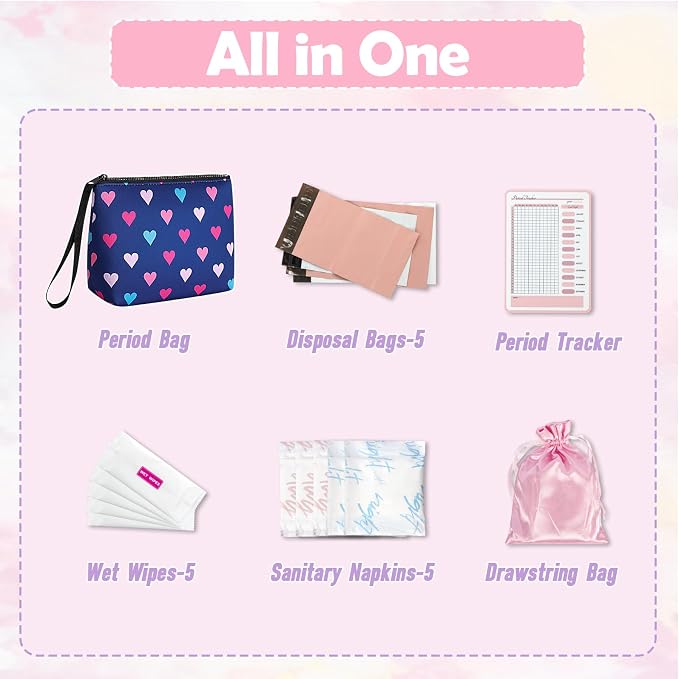 First Period Kit for Girls, Neoprene Cute Sanitary Napkin Storage Bag, Menstrual Pad Bag Tampon Holder for Purse, First Period Gifts for 9-12 (Hearts)