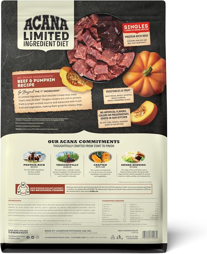 ACANA Singles Limited Ingredient Dry Dog Food Beef & Pumpkin 4.5lb Bag | Freeze Dried, Grain Free, High Protein, Made in the USA, Omega-3 Fatty Acids, Immune Support, Limited Ingredient