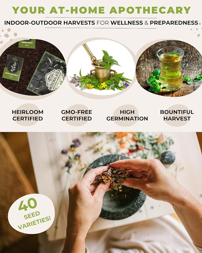 Tactiko Survival 40 Medicinal & Tea Herb Seeds Variety Pack, Indoor & Outdoor Herbal Garden Kit, USA Grown Heirloom Non-GMO, Herbal Seeds for Teas, Resealable Mylar Bag for Long-Term Storage