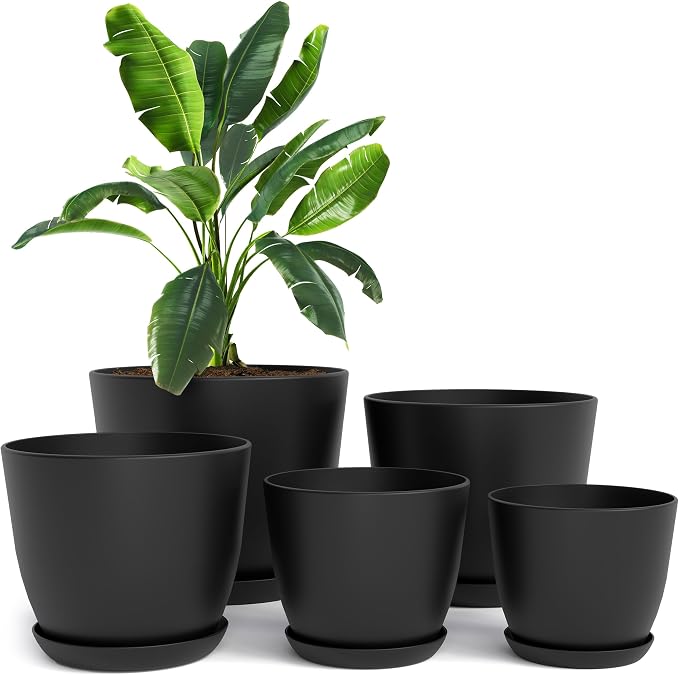 Plant Pots Indoor with Drainage, 5 Pack Multi-Size Planters Set, Black | Drainage holes included Multiple sizes 7/6.6/6/5.3/4.8 In Indoor plants and flowers Durable plastic construction