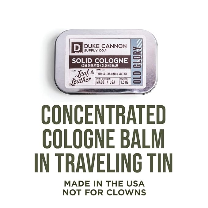 Duke Cannon Solid Cologne - Old Glory Premium Concentrated Cologne Balm, Fresh Tobacco, Amber, and Leather Scent, 1.5 oz. Travel Tin