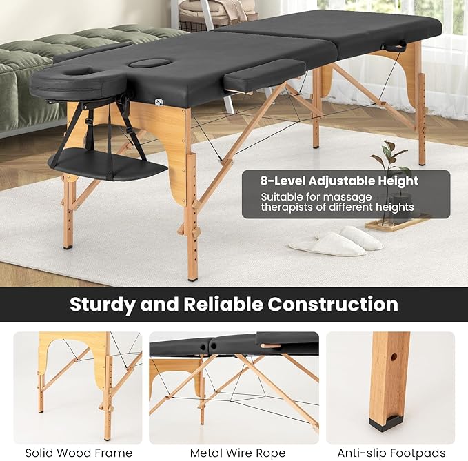 Giantex Massage Table, Portable Massage Bed w/Carrying Case, 2-Section Salon Spa Facial Care Tattoo Bed, Height Adjustable, Wood Frame, Professional Massage Lash Bed for Eyelash Extension (Black)