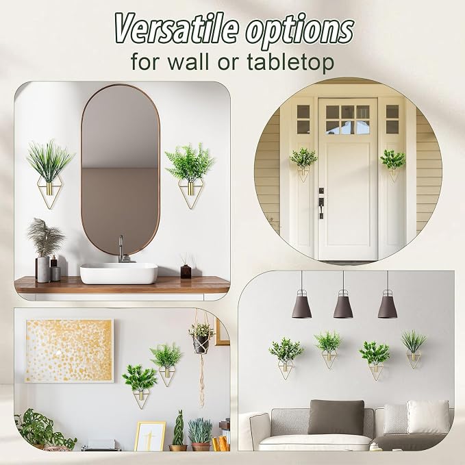 Hanaive 4 Sets Boho Wall Decor Metal Wall Art Hanging Planters with Artificial Pampas Display Modern Home Vase for Bedroom Home Office(Brisk,Green)