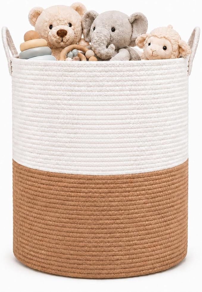 Baby Laundry Basket, Cotton Rope Nursery Hamper with Handles, Jute | Foldable decorative organizer for baby clothes, blankets and toys; tall shape saves space and suits nurseries or kids rooms.