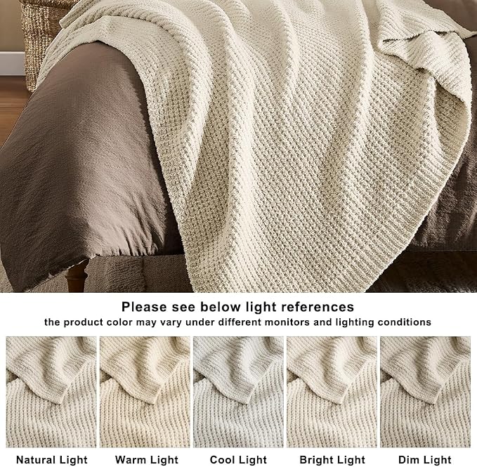 WDCOZY Ivory Waffle Throw Blanket for Couch Bed, Reversible Super Soft Plush Knitted Blanket, Lightweight Cozy Fuzzy Fluffy Warm Throw for Sofa Chair, Textured Blanket for Home Decor, Cream 60"x80"