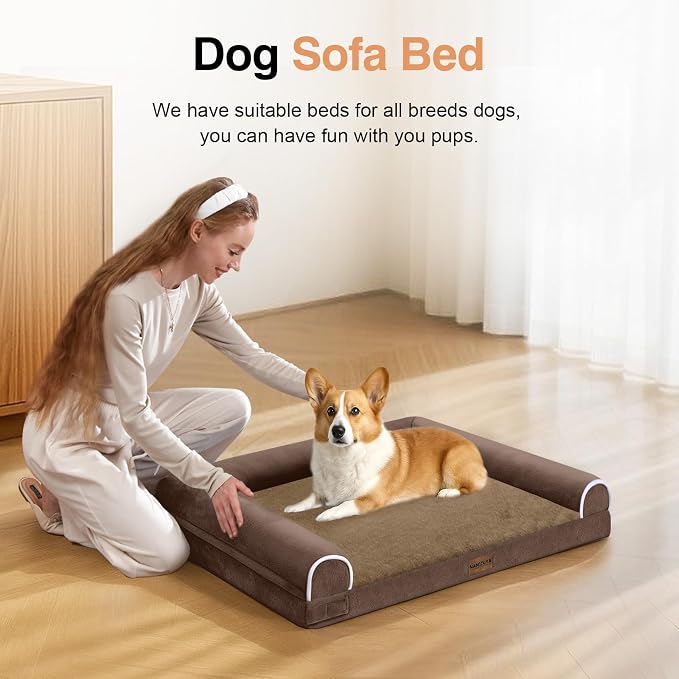 Orthopedic Dog Bed for Medium Dogs, 30 x 20 Inch, Brown | Egg crate foam for joint support, 3-sided bolster pet sofa, waterproof lining, washable cover, and non-skid base