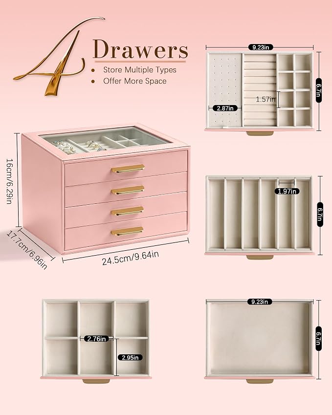 Homeanda Jewelry Boxes Organizer with Glass Lid, 4-Layer PU Leather, Pink | Modern style display case with 4 drawers for daily jewelry, women, mom or girl gift