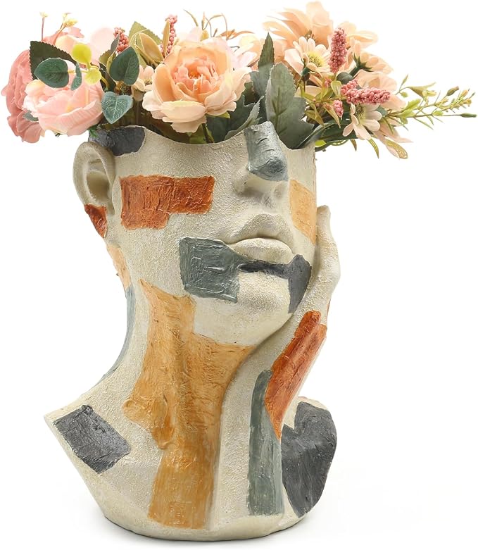 Lukitas Abstract Face Planter, Faux Sandstone Decorative Vase, Resin 10.5'' | Colorful Artistic Flower Plant Pot for Garden Patio Living Room Desk Shelf Decor