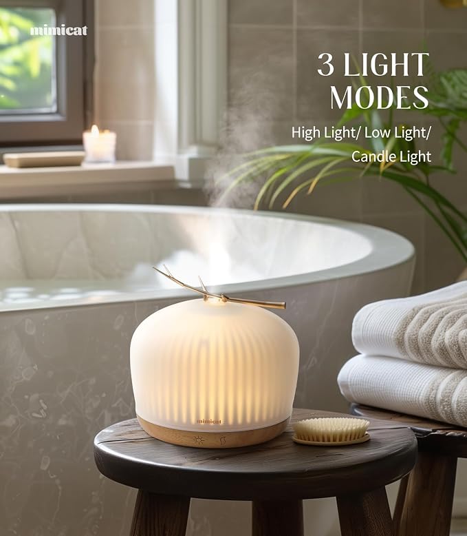 mimicat Whisper-Quiet Glass Essential Oil Diffuser for Bedroom – Aromatherapy for Restful Sleep, Auto Shut-Off, 8H/18H Runtime, 230ML, Wood Base