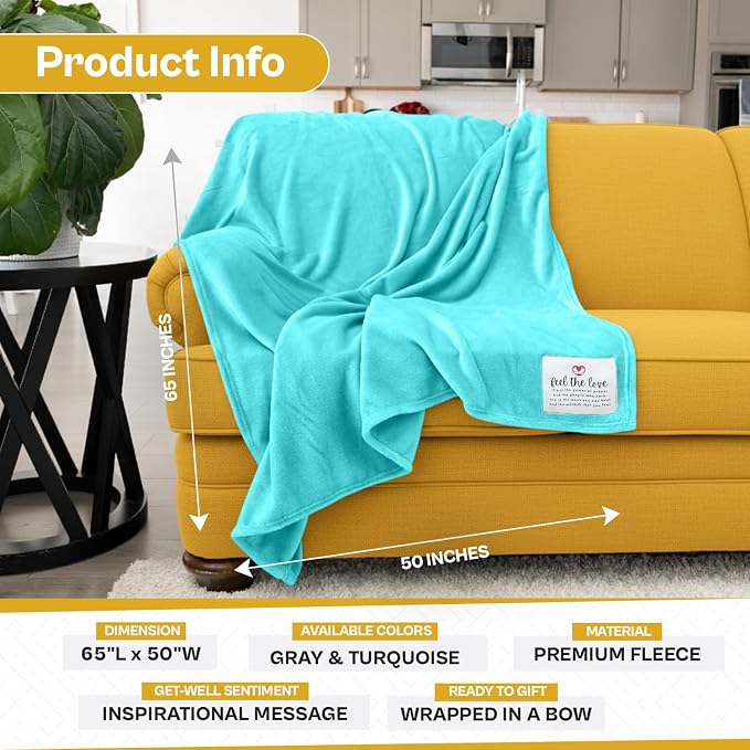 Get Well Blanket - Healing Blanket - Inspirational Blankets for Women/Men - Get Well Soon Gifts - Warm Hugs - Soft Fleece Throw Blanket - Strength - Healing Thoughts (Turquoise Fleece 50x65)