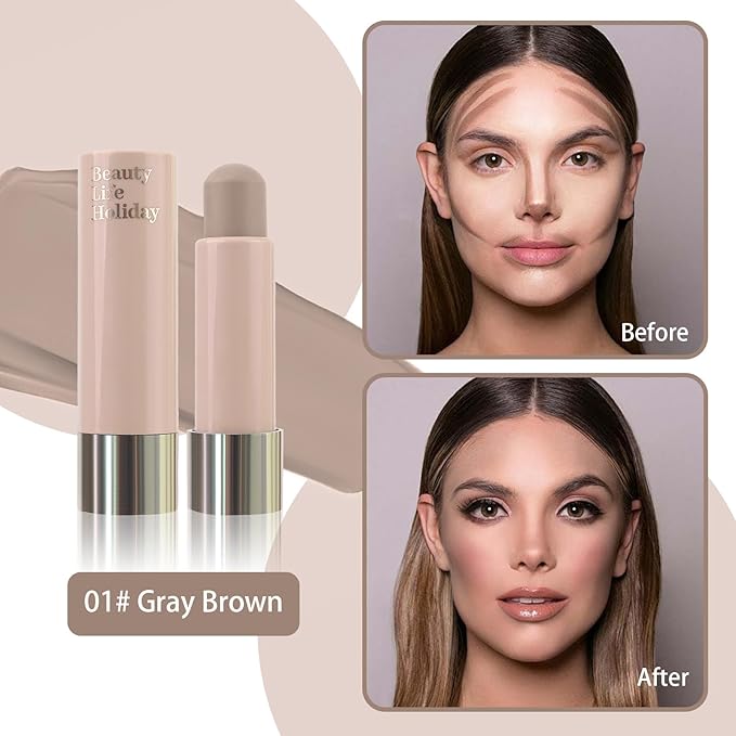 Cool Toned Contour Stick, Natural Matte Cream Contour Stick, Lightweight and Smooth Cream Bronzer Stick for Face Shaping Contouring Makeup, Portable Travel Size, 1 Gray Brown
