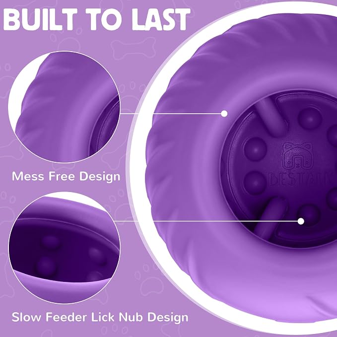 Long-Lasting Dog Lick Toy, Wobbly Dog Enrichment Lick Bowl to Keep Dogs Busy, Interactive Stuffable Dog Treat Feeder for Boredom, Silicone Treat Dispensing Chew Toy(Purple,L)