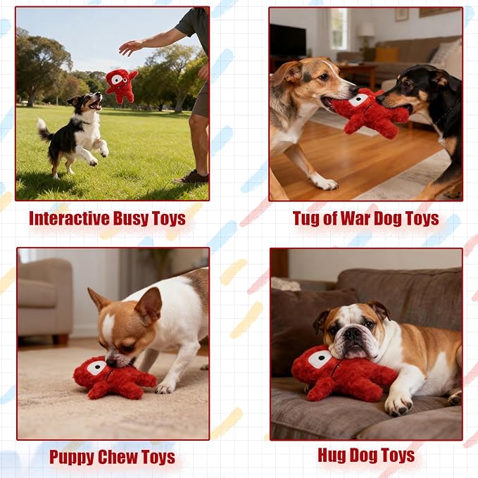 Monster Stuffed Squeaky Dog Toy, Crinkle Dog Plush Toy, Red | Soft Lightweight Toy for Fetch and Chew, Interactive Outdoor Indoor Play for Tug, Birthday Gift, For Puppy Small Medium Dog