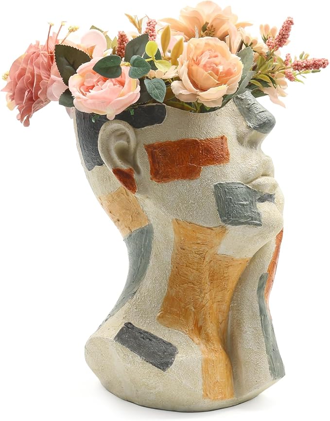 Lukitas Abstract Face Planter, Faux Sandstone Decorative Vase, Resin 10.5'' | Colorful Artistic Flower Plant Pot for Garden Patio Living Room Desk Shelf Decor