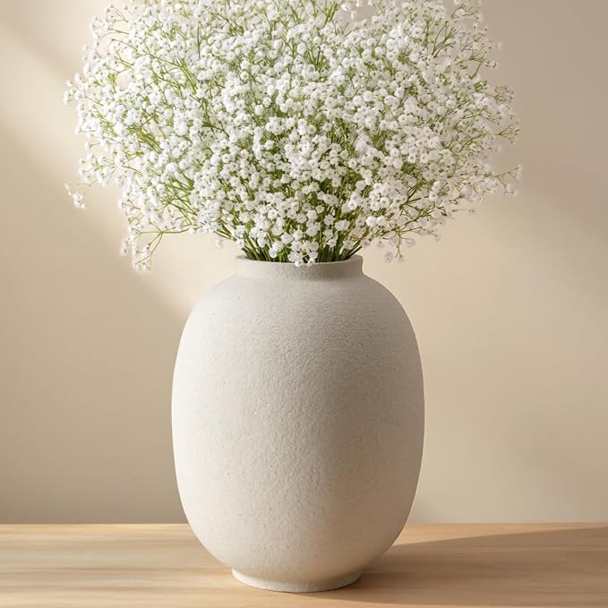 Ceramic Flower Vase Home Decor,9.8 Inch Rustic Farmhouse Vases for Flowers,Vintage Table Vase for Living Room Kitchen Bedroom Shelf Office Desk Coffee Dining Fireplace (9.8"-White)