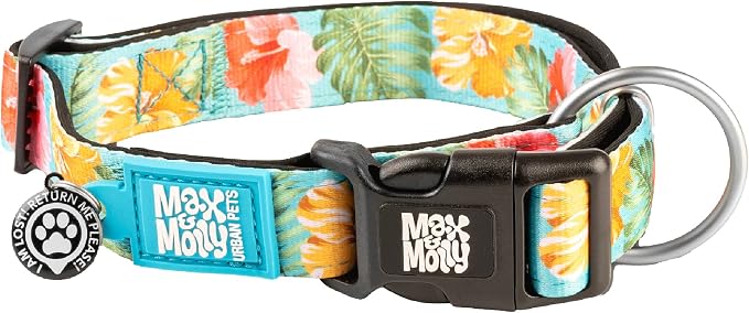 Max & Molly Urban Pets Smart ID Dog Collar with Gotcha! QR Pet Safety Tag and Custom Pet Profile, Soft Padded Neoprene, Waterproof, Machine Washable, Hibiscus, M (13-21")