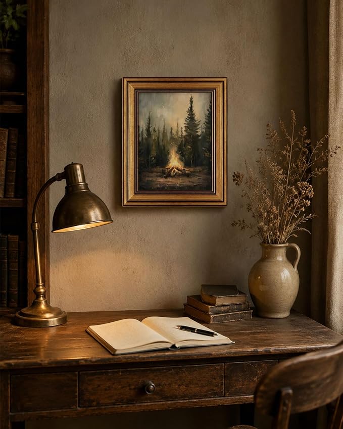 Gold Framed Wall Art, Rustic Campfire Canvas Prints, Vintage Forest Camping Cabin Picture Wall Decor, Dark Academia Woodland Nature Landscape Artwork for Living Room Bedroom 9x11 inch
