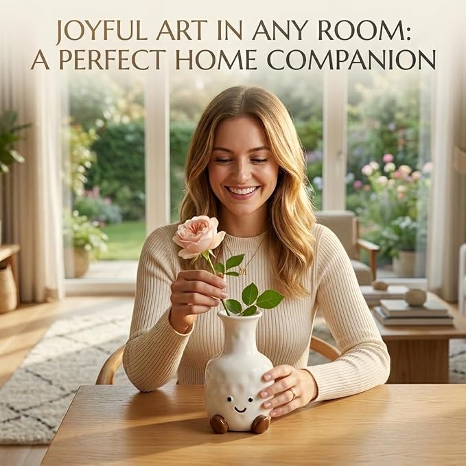 Cute Smile Face Vase – White Ceramic Cute Flower Vase for Home Decor, Modern Decor Vase for Living Room Bedroom, for Women Friends Family