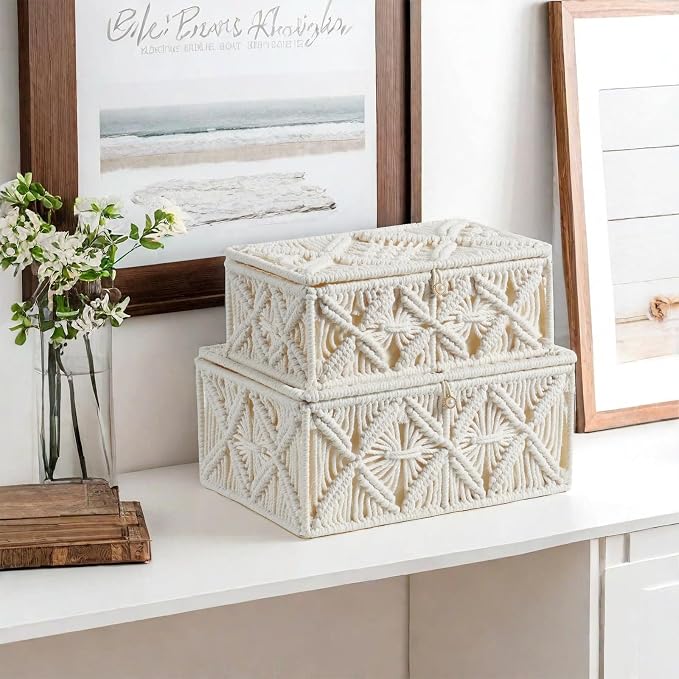 2PCS Decorative Boho Storage Basket with Lid Natural Macrame Box | Handmade Cotton Rope Woven Bins, Shelf Organizer Container for Jewelry Memory Keepsake Photo Makeup, Off White, Small&Large