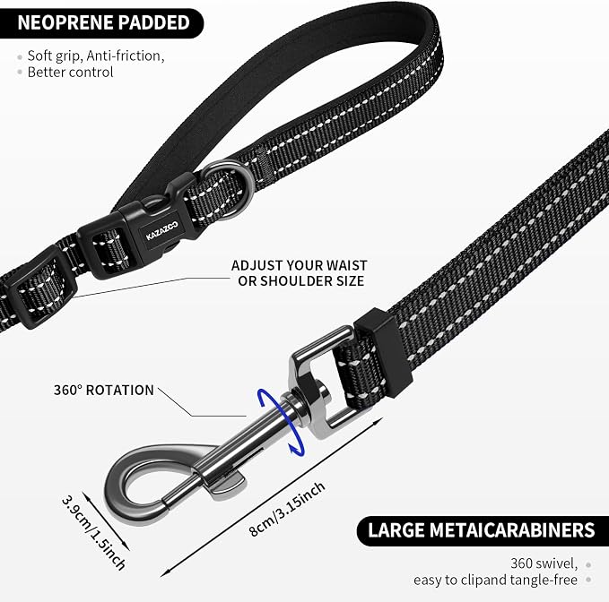Kazazoo Hands-Free Dog Leash Adjustable Length 5-8Ft,Crossbody & Waist for Dog Walking, Running for Small Dogs with Reflective Strips, Ballistic Nylon, Waist Belt, Lightweight Black