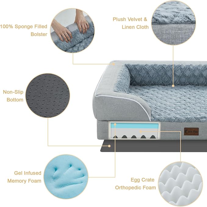 Orthopedic Dog Bed for Extra Large Dogs, 42x30in, Light Grey | Orthopedic Foam Relieves Joint Pressure, Bolsters Supports Head And Neck, Washable Cover, Non-Slip Bottom