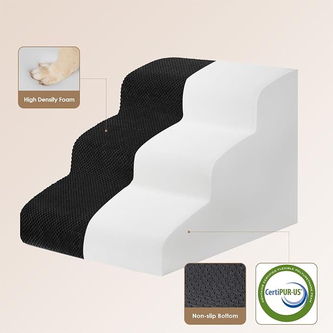 EHEYCIGA Curved Dog Stairs Ramp, 3-Step Dog Steps, 15.7" H Pet Step | 33D density of pure foam, for Small Dogs and Cats, Pet Stairs for High Bed Climbing, Non-Slip Balanced Indoor, Black