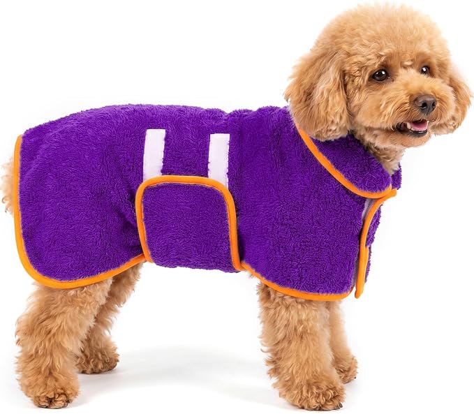 Bienbee Dog Bathrobe, Super Absorbent for Small to Large Dogs, Purple S | Dog Robes with Soft Fleece, Warm & Cozy, Adjustable Fit, and Quick Drying Coat for Baths Swimming and Grooming