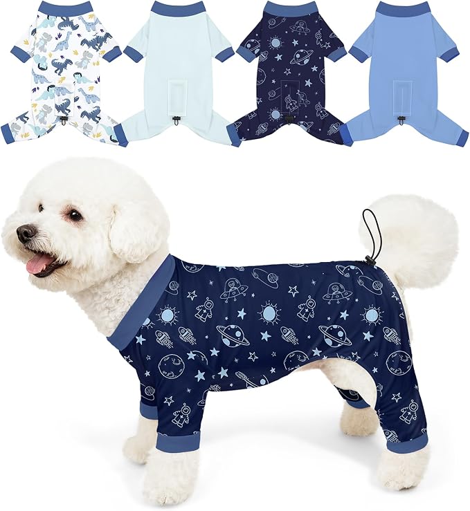 Bienbee Dog Pajamas, 4 Pack Adjustable Onesies for Small to Large Dogs M | Dog Shedding Suit with Soft Fabric, Breathable & Stretchy, and Adjustable Back Length for Sleeping Lounging and Daily Use