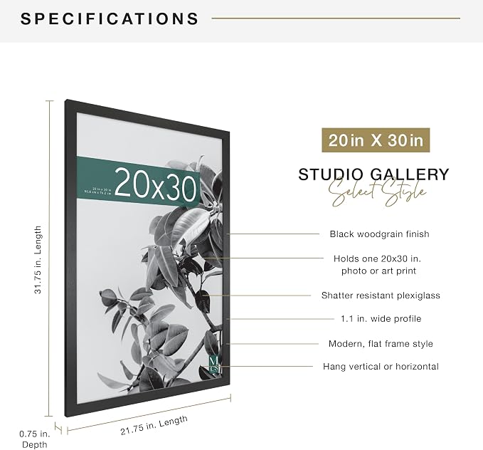 MCS Studio Gallery 20x30 Poster Frame Black Woodgrain Engineered Wood, Vertical & Horizontal Wall Hanging Large Picture Frame for Photos, Posters & Art Prints (1-Pack)